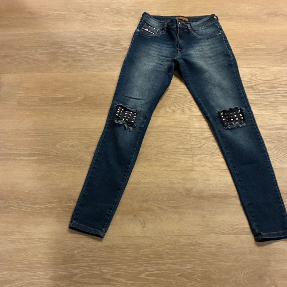 Edgy Moto Blue Skinny Jeans with Embellished Knees Worn 1 x Size 26